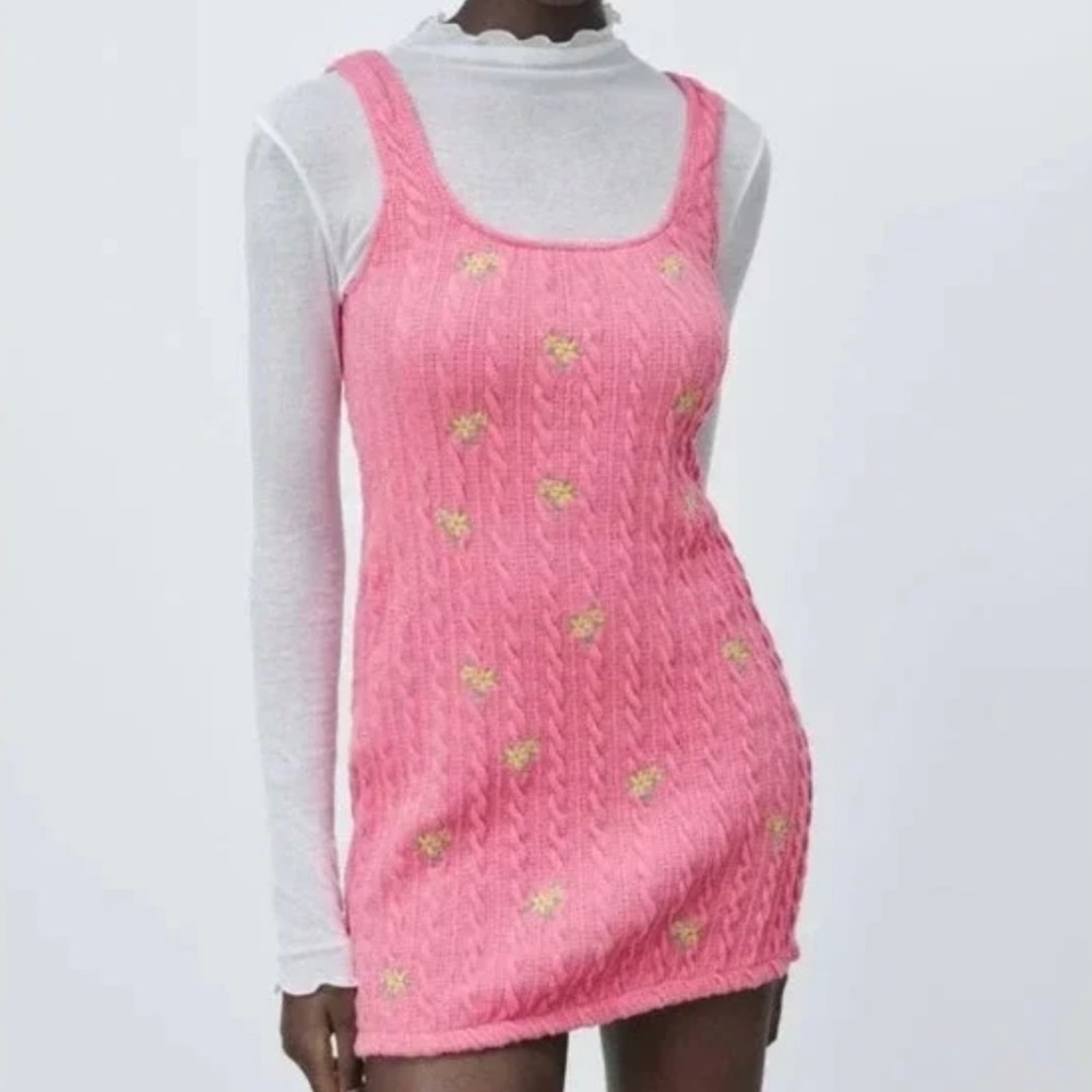 Zara pink cableknit floral embroidered dress